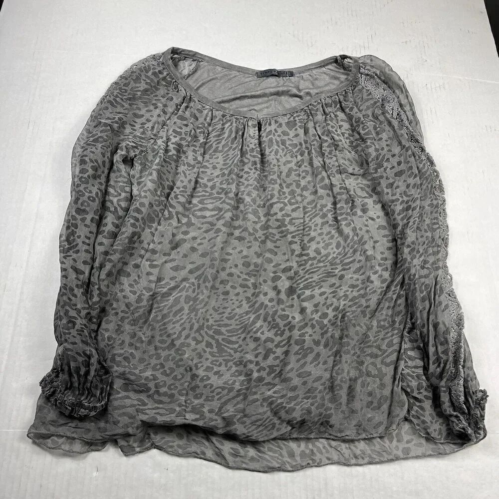 Tempo Paris Womens Silk Blend Peasant Blouse Gray Print Long Sleeve Top LARGE